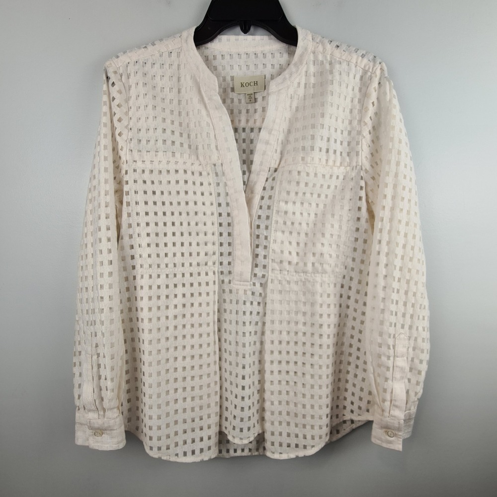 KOCH Erica Top Womens Small Cream Grid Eyelet Sheer Cotton Blend V-Neck Blouse